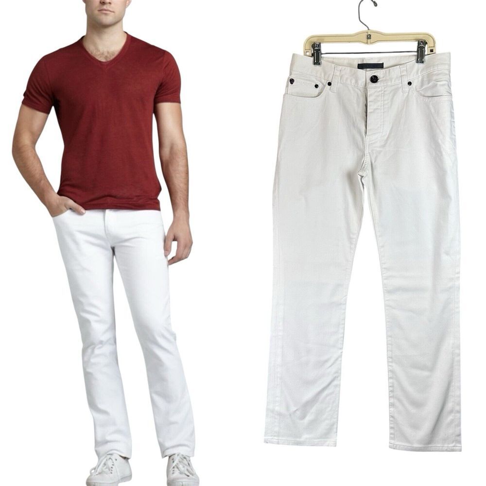 NWOT $298 John Varvatos Woodward Jeans In White Skull Rivet Button Fly Slim‎ 29R